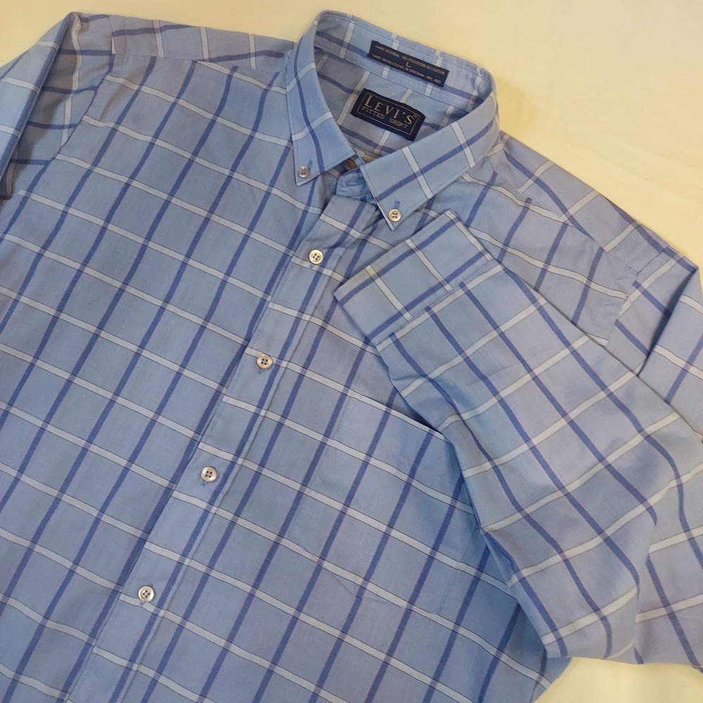 Vtg. Levis Mens Fitted Shirt Blue Plaid Button Down Long Sleeve Large WPL 423